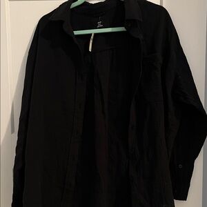 aerie Black Casual Linen Button-Down Shirt